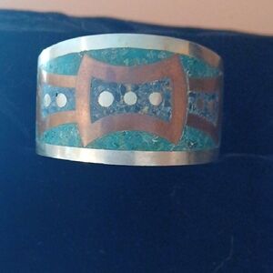 Taxco Antique Silver  Cuff Bracelet with Turquoise, Blue Lapis and Copper Inlay
